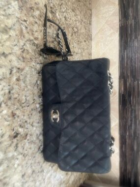 CHANEL Black Quilted Leather Double Flap Shoulder Bag with Silver Hardware